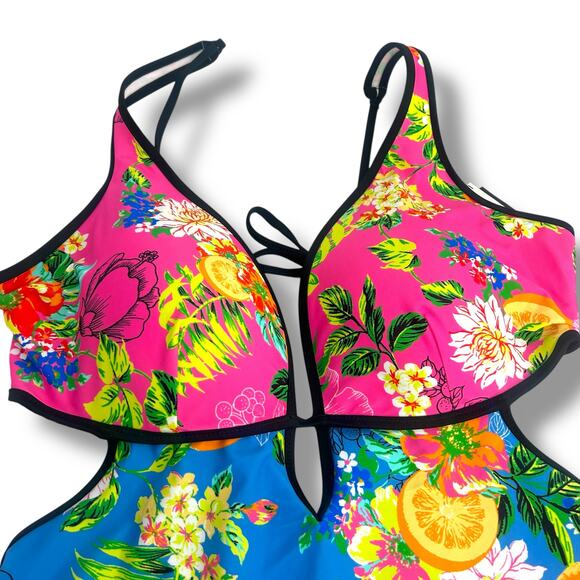 NEW Bar III Blue Floral Tankini Swimsuit Set Size XL Cut Out Monokini Tropical - Picture 2 of 11